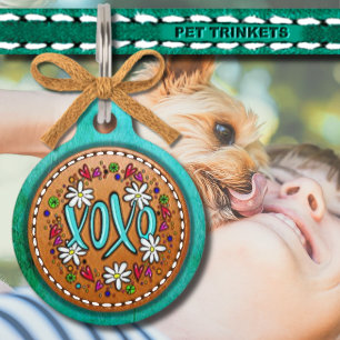 Leather Blue XOXO Hugs and Kisses Hearts Daisies Pet ID Tag