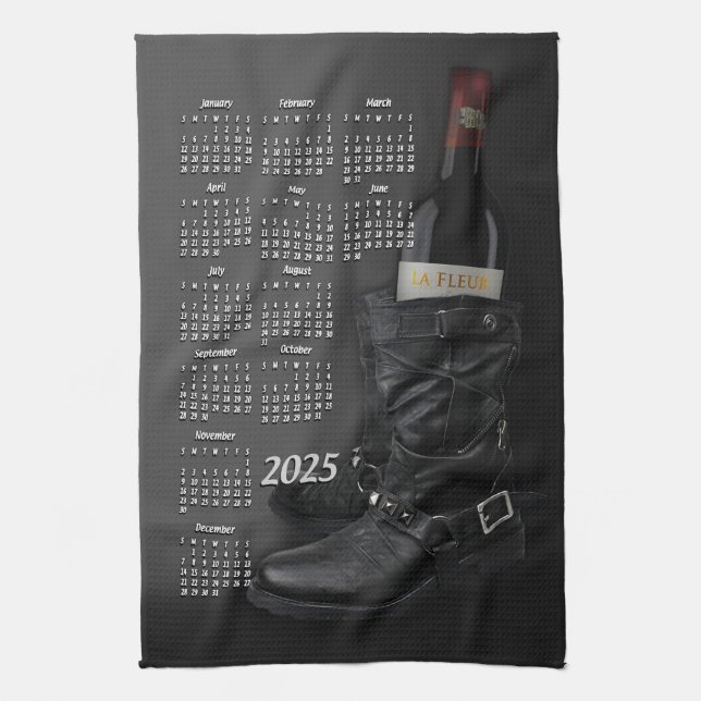 Leather Boots & Wine Bottle 2025 Calendar Kitchen Towel (Vertical)