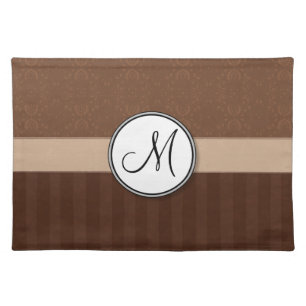 Leather Brown Damask with Stripes and Monogram Cloth Placemat