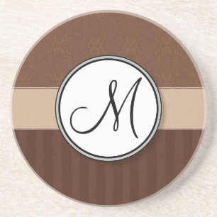 Leather Brown Damask with Stripes and Monogram Drink Coaster