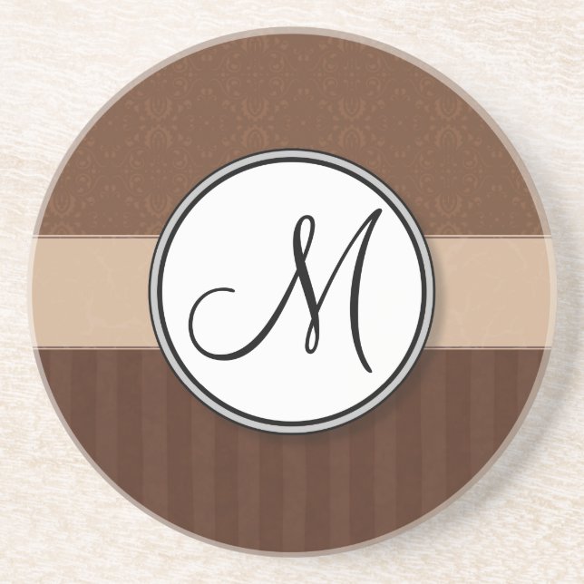 Leather Brown Damask with Stripes and Monogram Drink Coaster (Front)