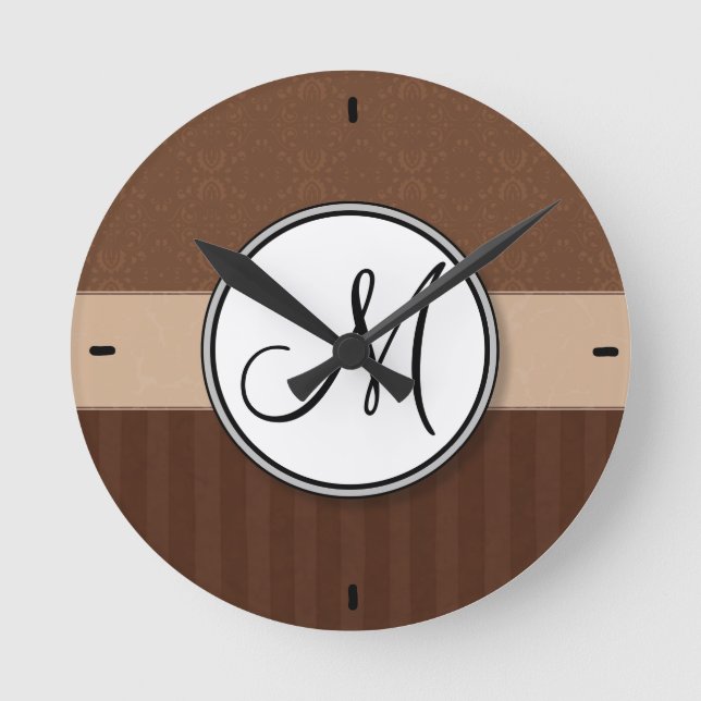 Leather Brown Damask with Stripes and Monogram Round Clock (Front)