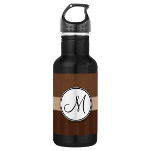 Leather Brown Damask with Stripes and Monogram Stainless Steel Water Bottle