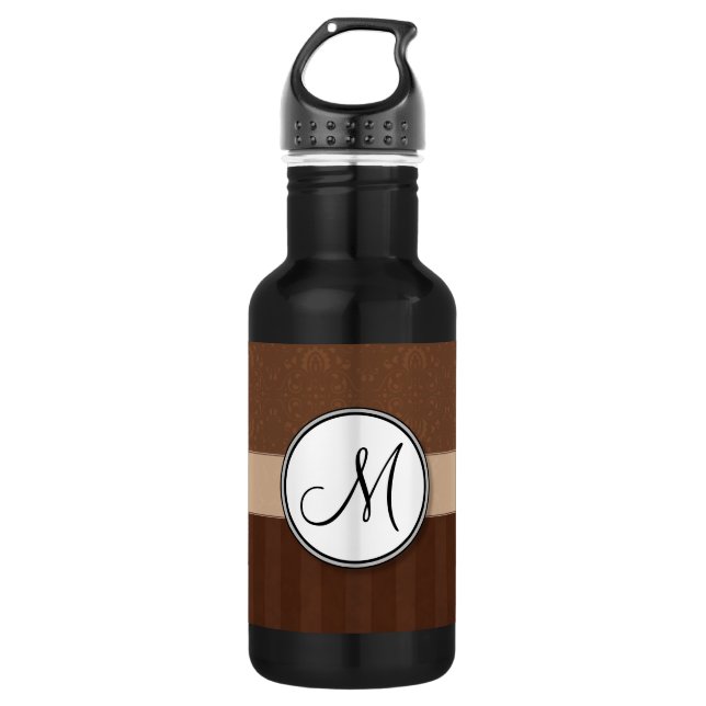 Leather Brown Damask with Stripes and Monogram Stainless Steel Water Bottle (Front)