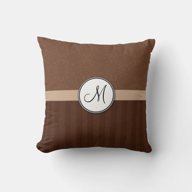 Leather Brown Damask with Stripes and Monogram Throw Pillow (Front)