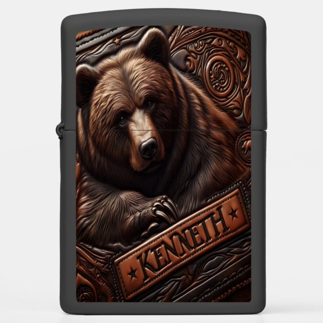 Leather Carved Grizzly Bear Zippo Lighter (Front)