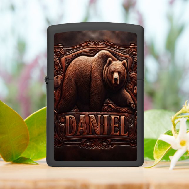 Leather Carved Grizzly Bear Zippo Lighter (On Table)