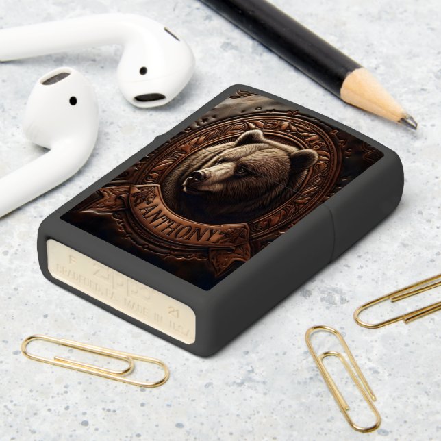 Leather Carved Grizzly Portrait Zippo Lighter (On Table 2)