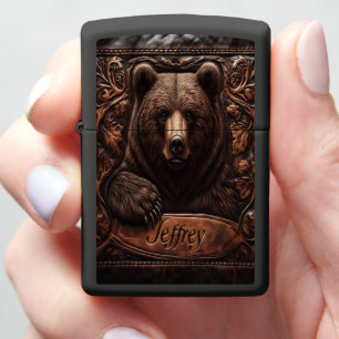 Leather Carved Grizzly Portrait Zippo Lighter