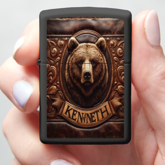 Leather Carved Grizzly Portrait Zippo Lighter (In Hand)