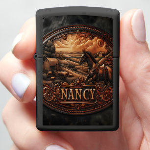 Leather Carved Horse Scene Zippo Lighter