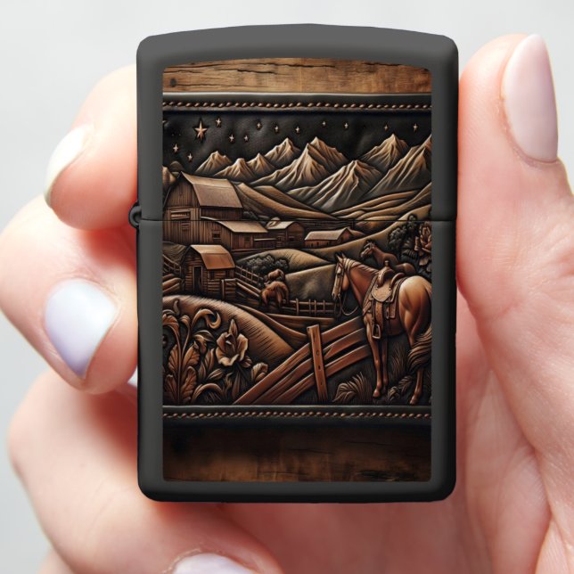 Leather Carved Night Ranch Zippo Lighter (In Hand)