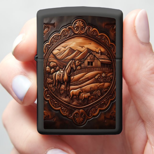 Leather Carved Ranch Scene Zippo Lighter (In Hand)