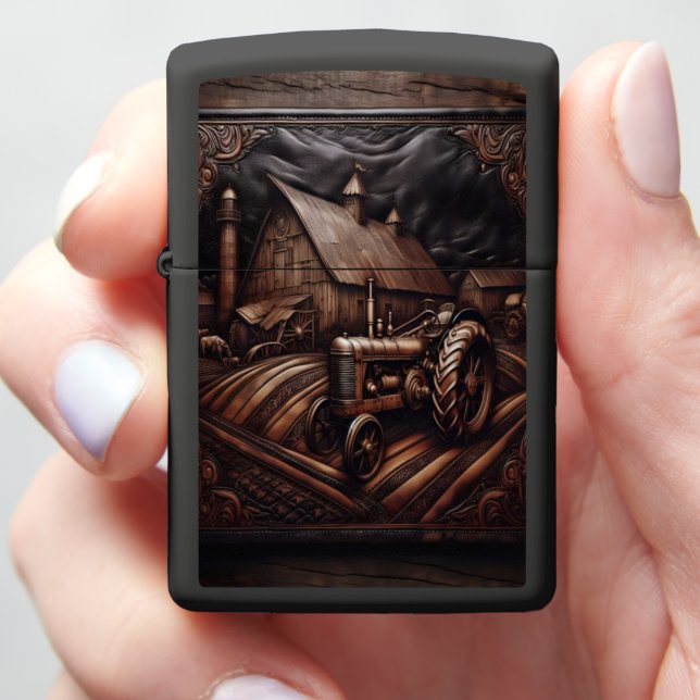 Leather Carved Tractor Scene Zippo Lighter (In Hand)