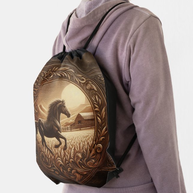 Leather Carving, Horse Ranch Drawstring Bag (Insitu)