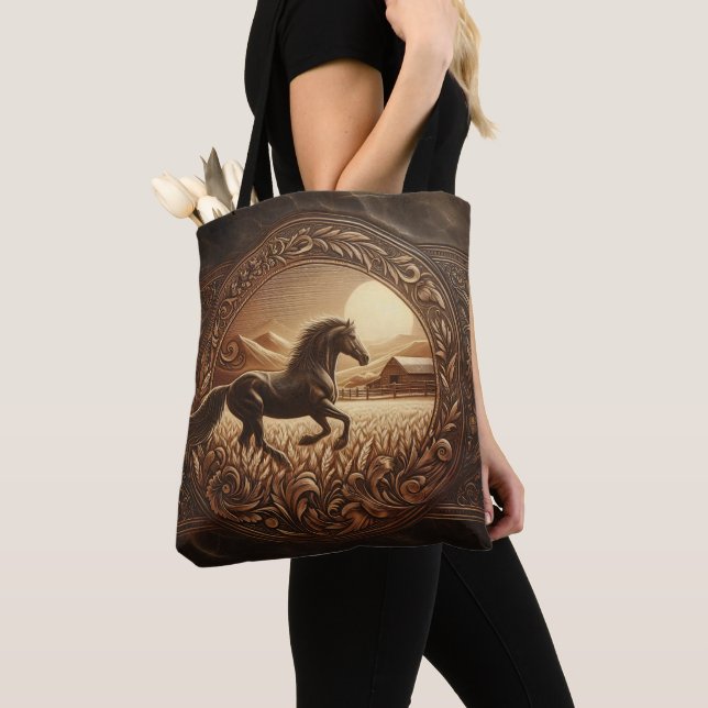 Leather Carving, Horse Ranch Tote Bag (Close Up)