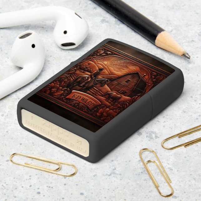 Leather Carving of a Cowboy Zippo Lighter (On Table 2)