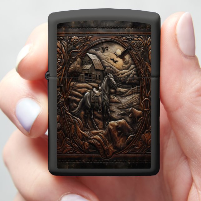 Leather Carving of a Horse and Cabin Zippo Lighter (In Hand)