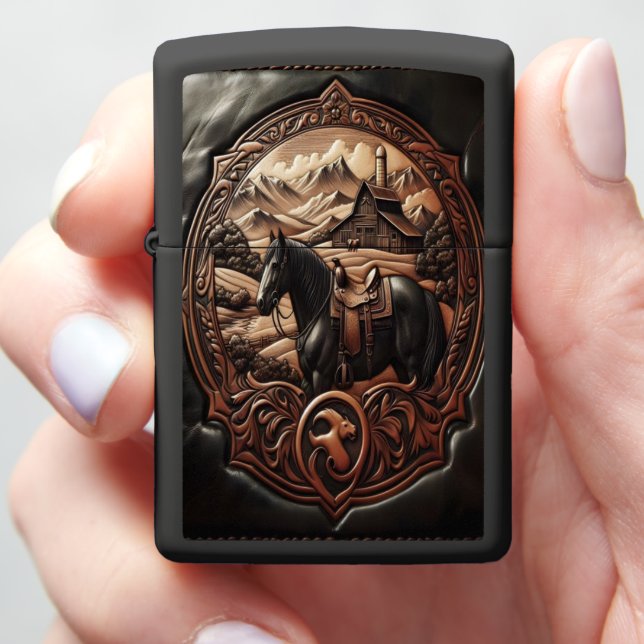 Leather Carving of a Horse Zippo Lighter (In Hand)