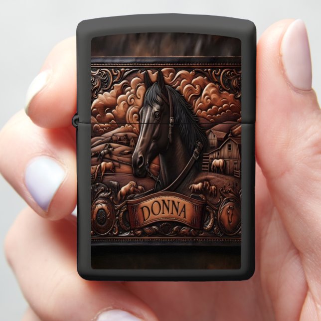 Leather Carving of a Horse Zippo Lighter (In Hand)