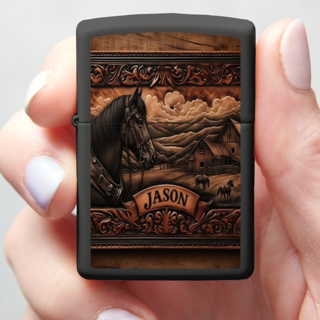 Leather Carving Of A Horse Zippo Lighter (In Hand)