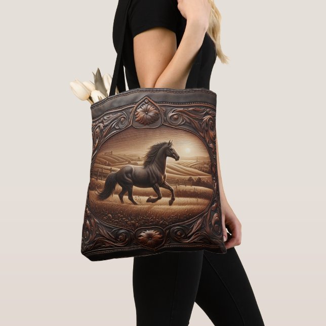 Leather Carving of a Running Horse Tote Bag (Close Up)