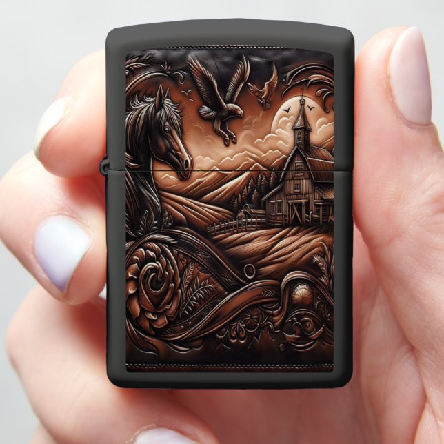 Leather Carving of a Rural Scene Zippo Lighter (In Hand)