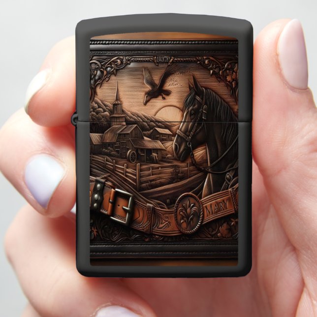 Leather Carving of Country Landscape Mary Zippo Lighter (In Hand)