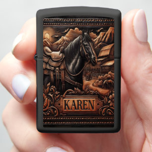 Leather Carving of Horse and Barn Zippo Lighter