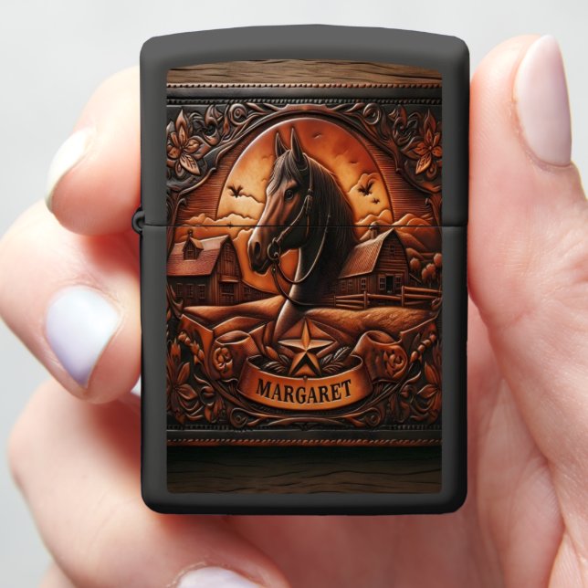 Leather Carving of Horse and Barn Zippo Lighter (In Hand)