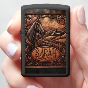 Leather Carving of Horse and Farm Zippo Lighter
