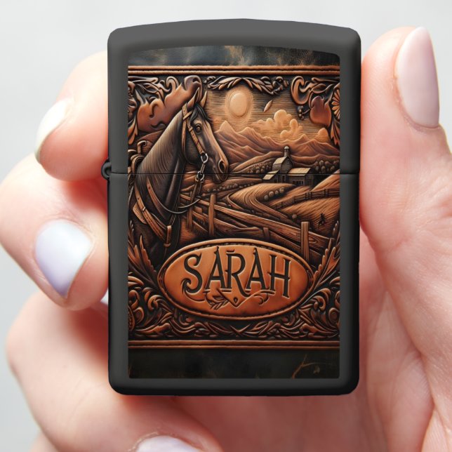 Leather Carving of Horse and Farm Zippo Lighter (In Hand)