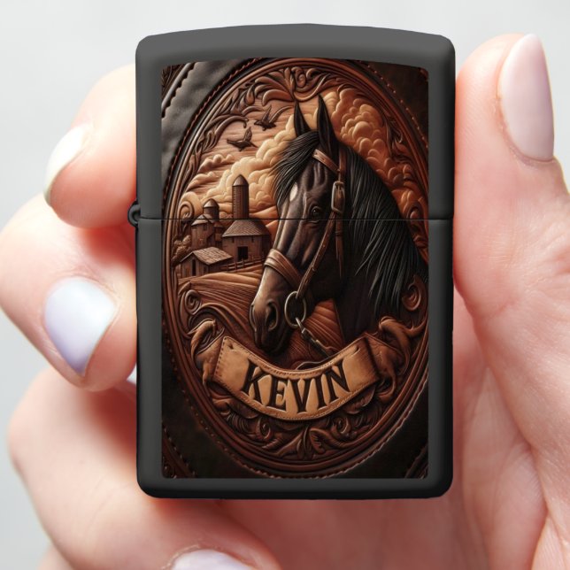 Leather Carving of Horse and Farm Zippo Lighter (In Hand)