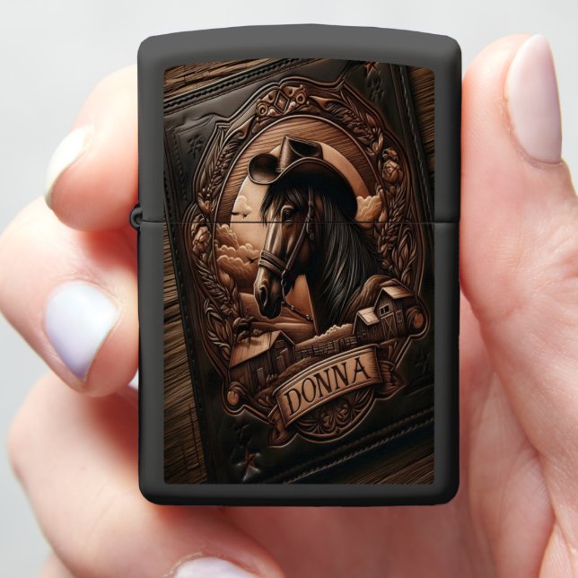 Leather Carving of Horse With Hat Zippo Lighter (In Hand)