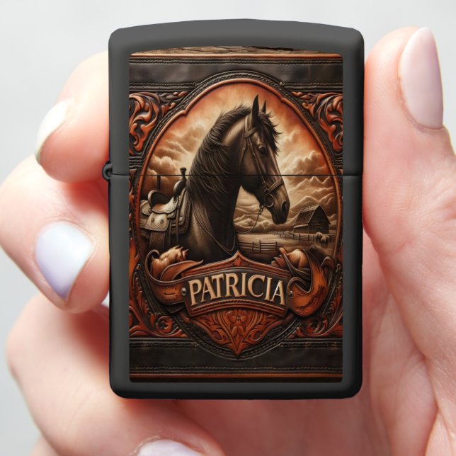 Leather Carving of Horse Zippo Lighter (In Hand)