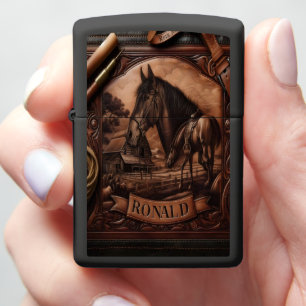 Leather Carving of Horses & Barn Zippo Lighter