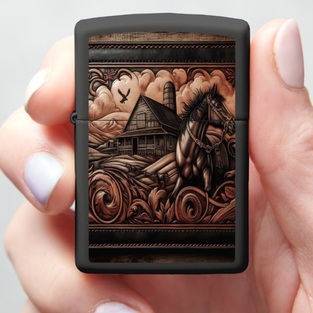 Leather Carving: Running Horse Zippo Lighter (In Hand)