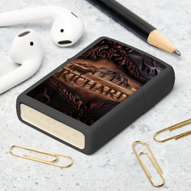 Leather Carving With Horse and Barn Zippo Lighter (On Table 2)