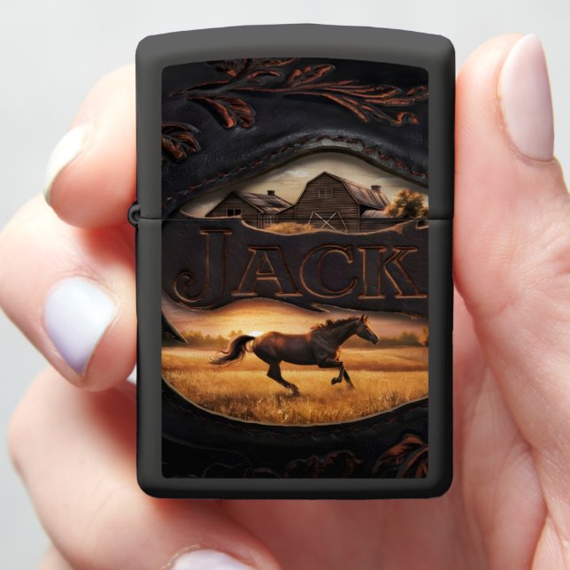 Leather Carving With Horse and Barn Zippo Lighter (In Hand)