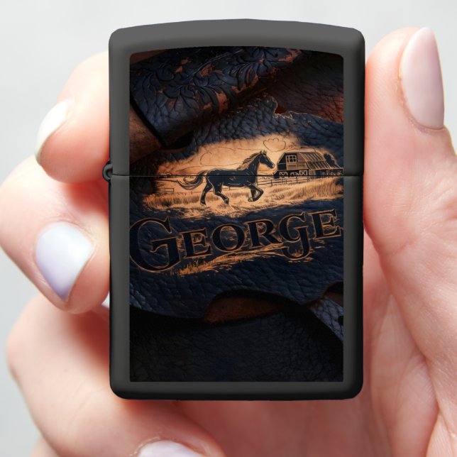 Leather Carving With Horse and Barn Zippo Lighter (In Hand)
