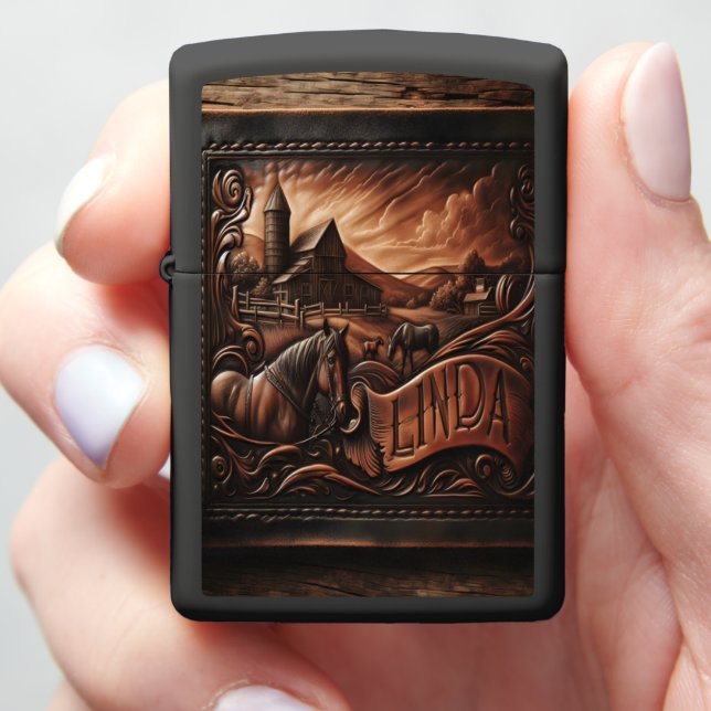 Leather Carving With Horse and Barn Zippo Lighter (In Hand)