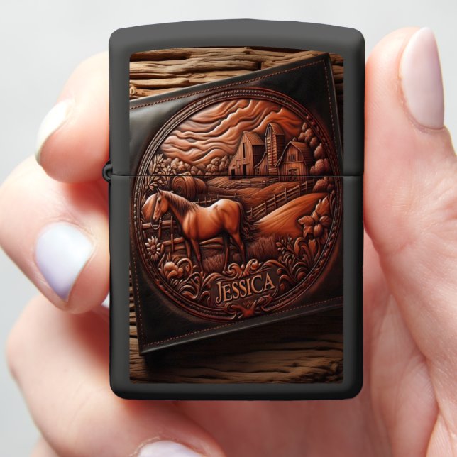 Leather Carving With Horse and Farm Jessica Zippo Lighter (In Hand)