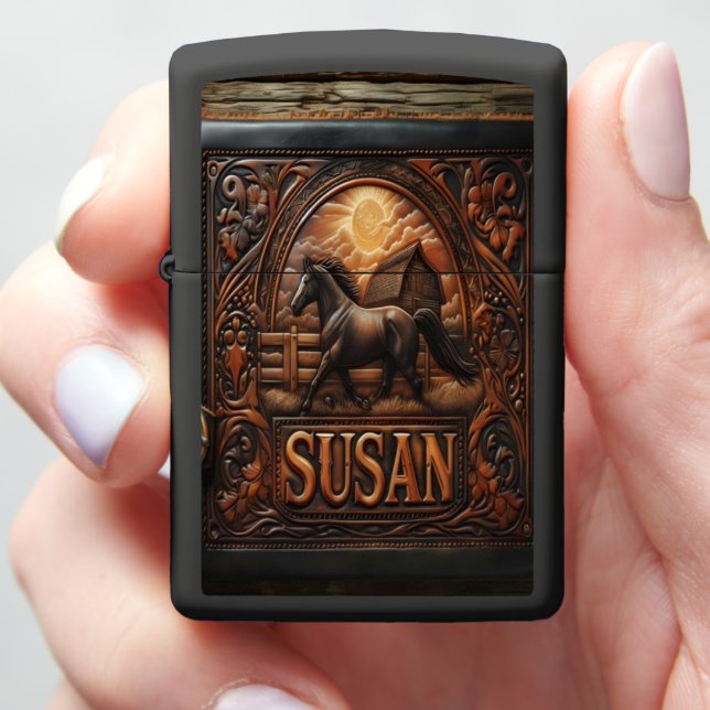 Leather Carving With Horse and Sunset Zippo Lighter (In Hand)