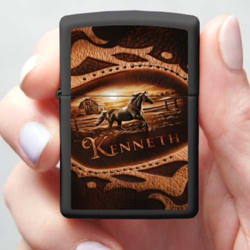 Leather Carving With Horse and Sunset Zippo Lighter