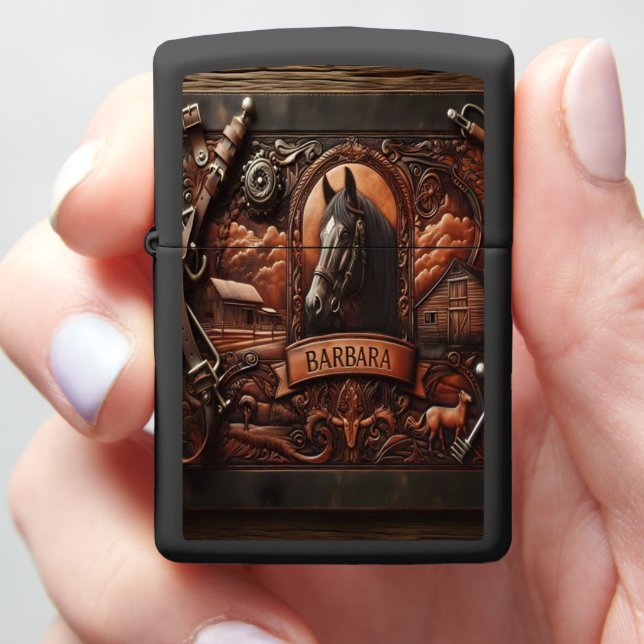 Leather Carving With Horse Portrait Zippo Lighter (In Hand)
