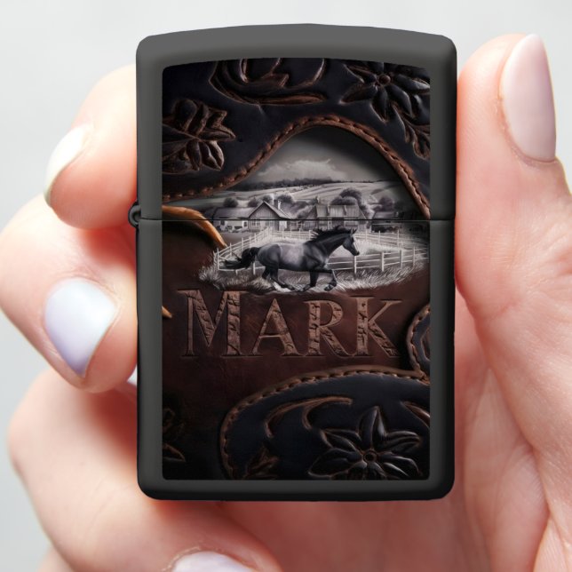 Leather Carving With Horse Scene Zippo Lighter (In Hand)