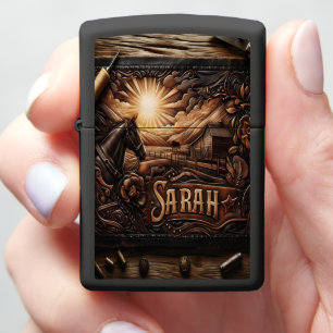 Leather Carving With Sunset and Horse Zippo Lighter