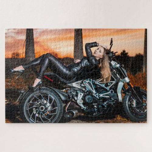 Leather Clad Biker Chick on Motorcycle Jigsaw Puzzle