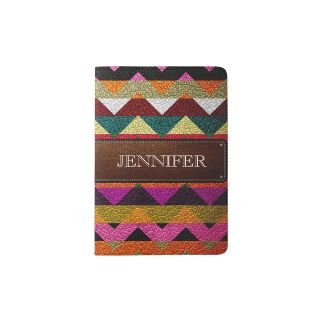 Leather Colorful Chevron Stripes Monogram #10 Passport Holder (Front)