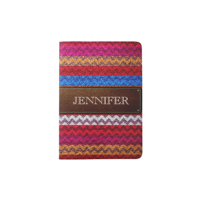 Leather Colorful Chevron Stripes Monogram #28 Passport Holder (Front)